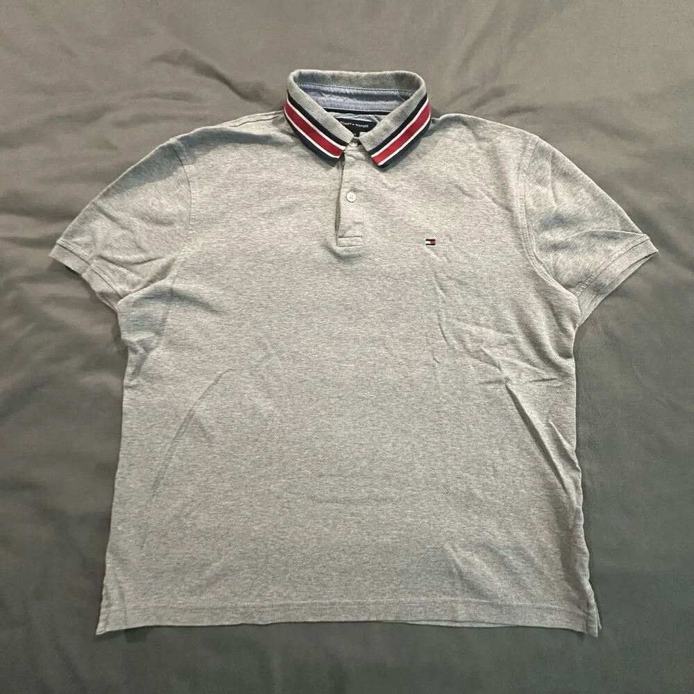 Tommy Hilfiger Polo Mens L Stripe Collar Shirt Custom Fit Gray Flag Logo